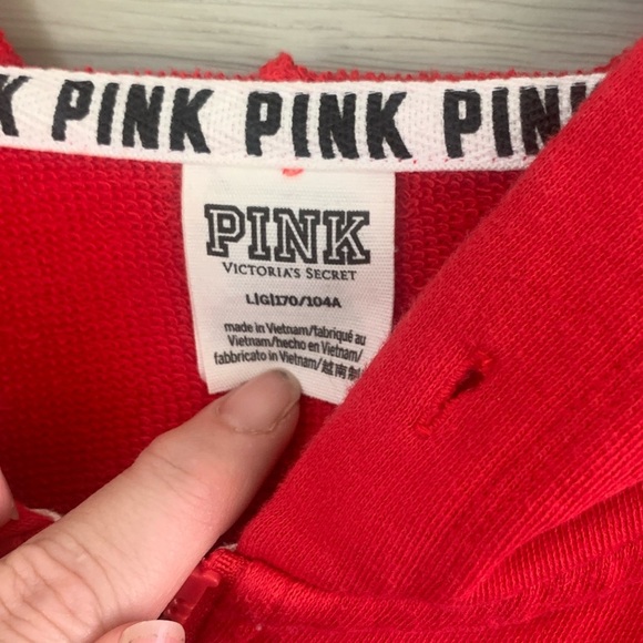 PINK Victoria s Secret red zip-up hoodie Y2K white stripe snap details sz L - Picture 13 of 14